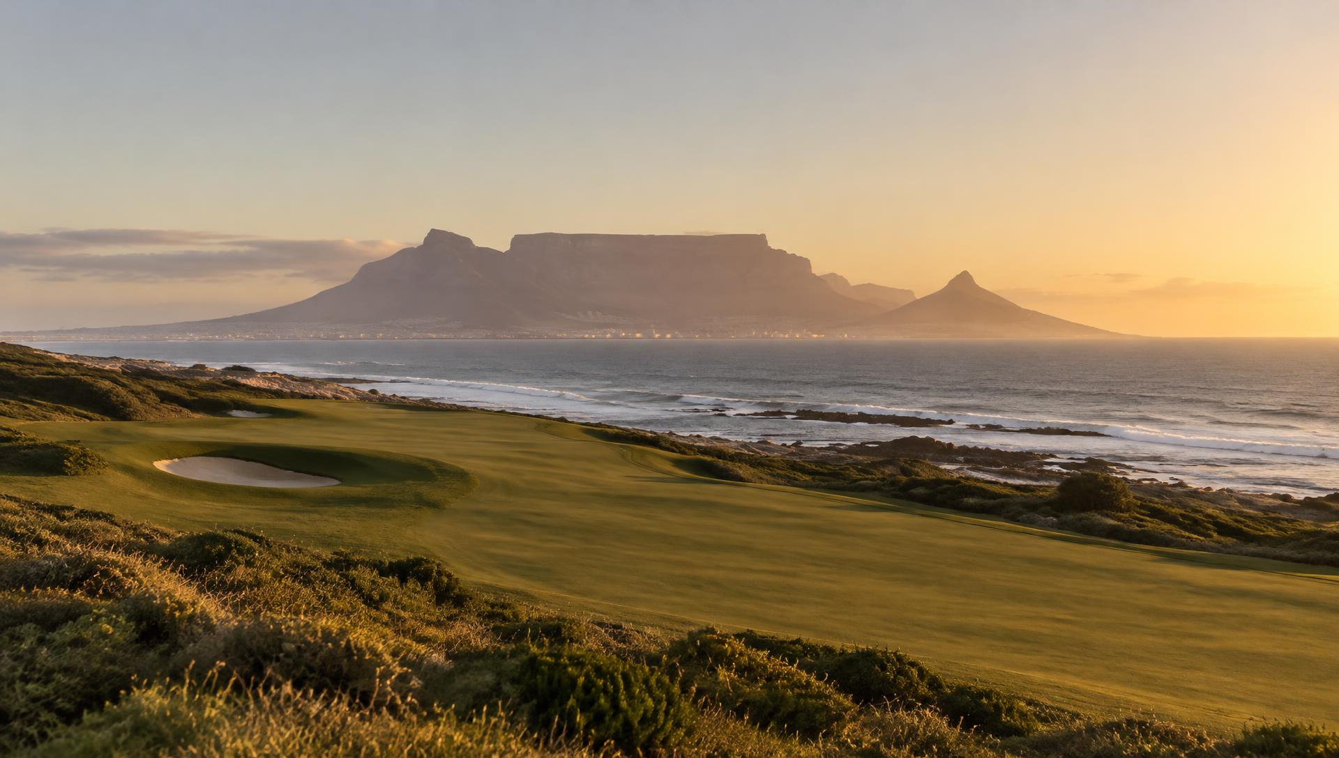 Illustrative Western Cape golf fairway with Table Mountain and Atlantic scenery
